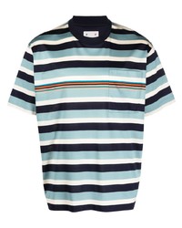 hellblaues horizontal gestreiftes T-Shirt mit einem Rundhalsausschnitt von Pop Trading Company