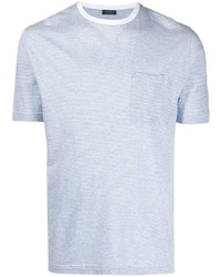hellblaues horizontal gestreiftes T-Shirt mit einem Rundhalsausschnitt von Zanone