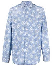 hellblaues Langarmhemd mit Blumenmuster von Barba