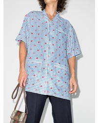 hellblaues Leinen Kurzarmhemd mit Vichy-Muster von Gucci