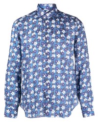 hellblaues Leinen Langarmhemd mit Blumenmuster von Barba