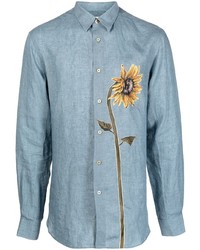 hellblaues Leinen Langarmhemd mit Blumenmuster von Paul Smith
