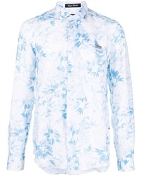 hellblaues Leinen Langarmhemd mit Blumenmuster von Philipp Plein