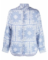 hellblaues Leinen Langarmhemd mit Paisley-Muster von Fedeli