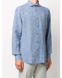 hellblaues Leinen Langarmhemd mit Vichy-Muster von Corneliani