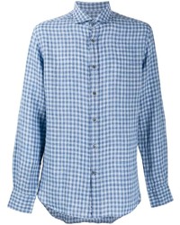 hellblaues Leinen Langarmhemd mit Vichy-Muster von Corneliani