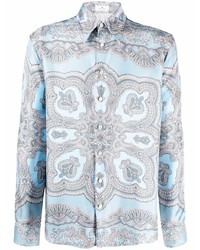 hellblaues Seidelangarmhemd mit Paisley-Muster