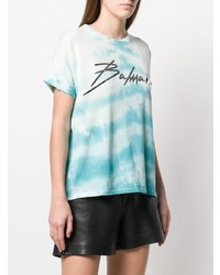 hellblaues Mit Batikmuster T-Shirt mit einem Rundhalsausschnitt von Balmain