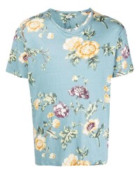 hellblaues T-Shirt mit einem Rundhalsausschnitt mit Blumenmuster von Etro