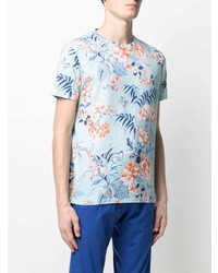 hellblaues T-Shirt mit einem Rundhalsausschnitt mit Blumenmuster von Etro