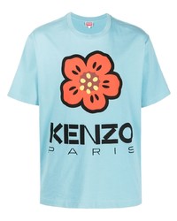hellblaues T-Shirt mit einem Rundhalsausschnitt mit Blumenmuster von Kenzo