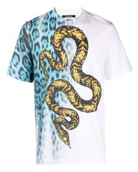 hellblaues T-Shirt mit einem Rundhalsausschnitt mit Leopardenmuster von Roberto Cavalli