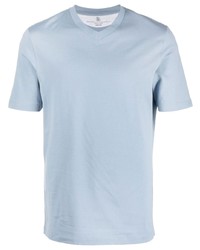 hellblaues T-Shirt mit einem V-Ausschnitt von Brunello Cucinelli