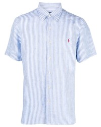 hellblaues vertikal gestreiftes Leinen Kurzarmhemd von Polo Ralph Lauren