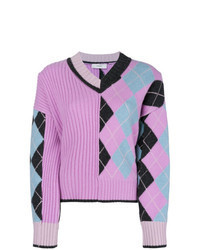 hellvioletter Pullover mit einem V-Ausschnitt mit Argyle-Muster