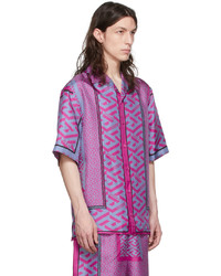 hellviolettes bedrucktes Seide Kurzarmhemd von Versace