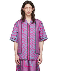 hellviolettes bedrucktes Seide Kurzarmhemd von Versace