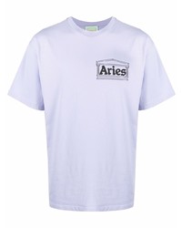 hellviolettes bedrucktes T-Shirt mit einem Rundhalsausschnitt von Aries