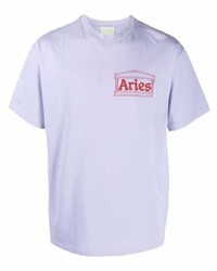 hellviolettes bedrucktes T-Shirt mit einem Rundhalsausschnitt von Aries
