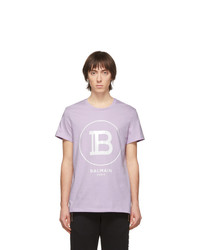 hellviolettes bedrucktes T-Shirt mit einem Rundhalsausschnitt von Balmain