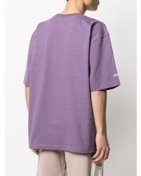 hellviolettes bedrucktes T-Shirt mit einem Rundhalsausschnitt von Heron Preston