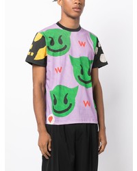 hellviolettes bedrucktes T-Shirt mit einem Rundhalsausschnitt von Walter Van Beirendonck