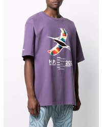 hellviolettes bedrucktes T-Shirt mit einem Rundhalsausschnitt von Heron Preston