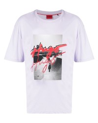 hellviolettes bedrucktes T-Shirt mit einem Rundhalsausschnitt von Hugo