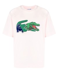 hellviolettes bedrucktes T-Shirt mit einem Rundhalsausschnitt von Lacoste