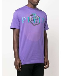 hellviolettes bedrucktes T-Shirt mit einem Rundhalsausschnitt von Philipp Plein