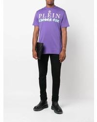 hellviolettes bedrucktes T-Shirt mit einem Rundhalsausschnitt von Philipp Plein