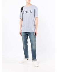 hellviolettes bedrucktes T-Shirt mit einem Rundhalsausschnitt von BOSS