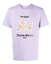 hellviolettes bedrucktes T-Shirt mit einem Rundhalsausschnitt von MAISON KITSUNÉ