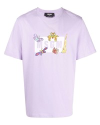 hellviolettes bedrucktes T-Shirt mit einem Rundhalsausschnitt von MSGM