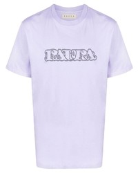 hellviolettes bedrucktes T-Shirt mit einem Rundhalsausschnitt von Paura