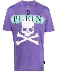 hellviolettes bedrucktes T-Shirt mit einem Rundhalsausschnitt von Philipp Plein