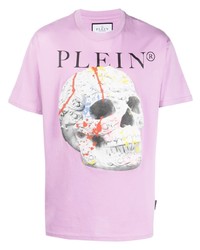 hellviolettes bedrucktes T-Shirt mit einem Rundhalsausschnitt von Philipp Plein