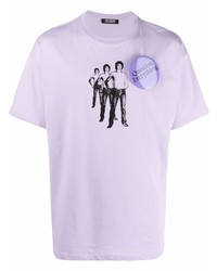 hellviolettes bedrucktes T-Shirt mit einem Rundhalsausschnitt von Raf Simons