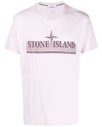 hellviolettes bedrucktes T-Shirt mit einem Rundhalsausschnitt von Stone Island