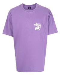 hellviolettes bedrucktes T-Shirt mit einem Rundhalsausschnitt von Stussy
