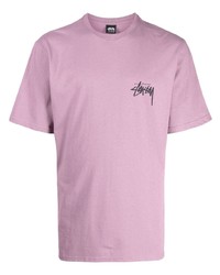 hellviolettes bedrucktes T-Shirt mit einem Rundhalsausschnitt von Stussy