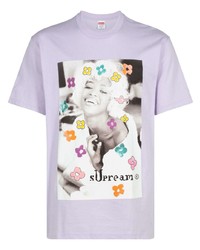 hellviolettes bedrucktes T-Shirt mit einem Rundhalsausschnitt von Supreme