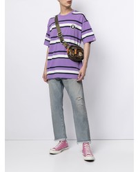 hellviolettes horizontal gestreiftes T-Shirt mit einem Rundhalsausschnitt von AAPE BY A BATHING APE