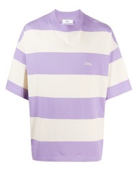 hellviolettes horizontal gestreiftes T-Shirt mit einem Rundhalsausschnitt von Ami Paris