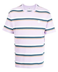 hellviolettes horizontal gestreiftes T-Shirt mit einem Rundhalsausschnitt von Chocoolate