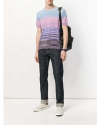 hellviolettes horizontal gestreiftes T-Shirt mit einem Rundhalsausschnitt von Missoni