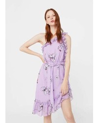hellviolettes schulterfreies Kleid mit Blumenmuster