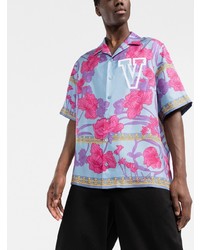 hellviolettes Seide Kurzarmhemd mit Blumenmuster von Versace