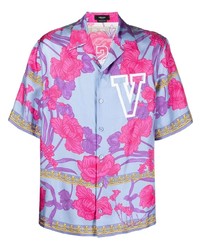 hellviolettes Seide Kurzarmhemd mit Blumenmuster von Versace