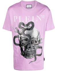 hellviolettes T-Shirt mit einem Rundhalsausschnitt mit Schlangenmuster